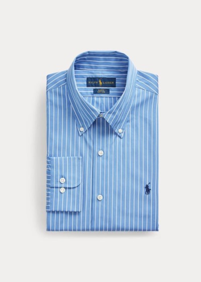 Camisa Polo Ralph Lauren Hombre Azules / Blancos - Slim Fit Striped Poplin - DELSY4579